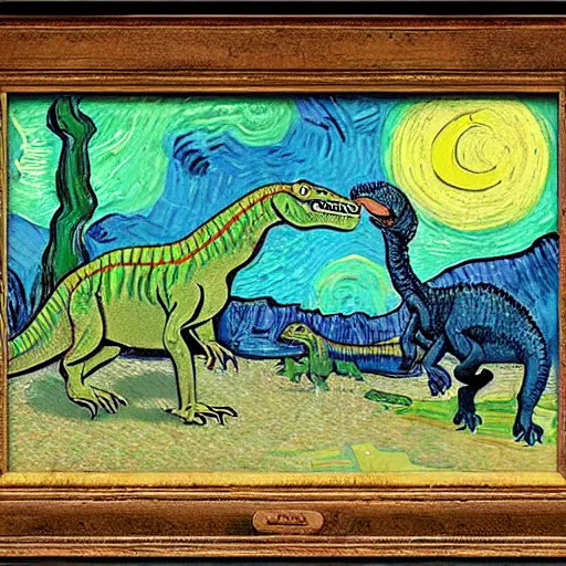 Prompt: a dinosaur zoo painted by van gogh