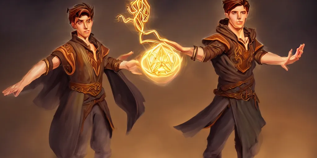 Prompt: concept art of a handsome young caucasian male sorcerer with brown hair he is casting a spell that is emanating from his hands he is in a alchemist lab, action pose, medium shot, waist up, dungeons and dragons art, magic the gathering art