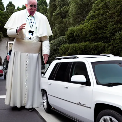 Image similar to The pope wearing a gangster chain and throwing gang signs in front of a white escalade, 4k, digital photograph