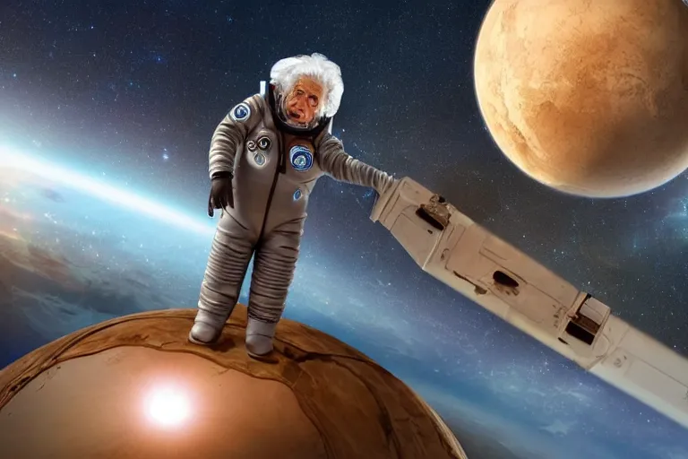 Image similar to still fullbody photo of sad albert einstein in spacesuit in space, flat earth on elephants and turtle at background, highly detailed, photorealistic shot, bright studio setting, studio lighting, crisp quality and light reflections, unreal engine 5 quality render