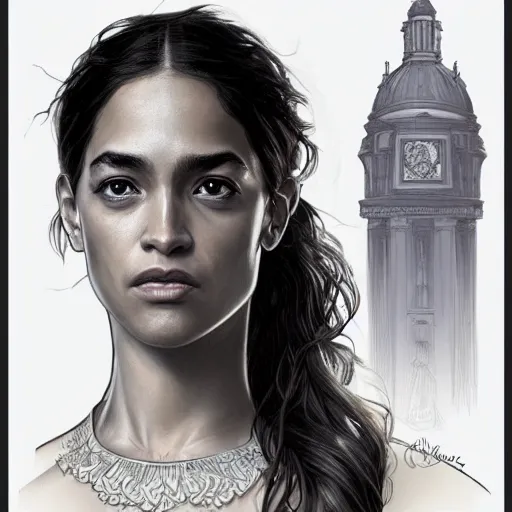 Image similar to ultra realistic illustration, alexandria ocasio - cortez in le miserables, intricate, elegant, highly detailed, digital painting, artstation, concept art, smooth, sharp focus, illustration, art by artgerm and greg rutkowski and alphonse mucha