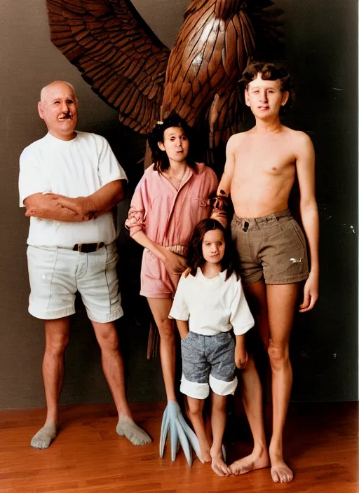 Image similar to realistic photo portrait of the family wearing fluffy shorts, beautiful symmetrical faces, standing in the wooden polished and fancy expensive interior room next to a wooden bird idol sculpture 1 9 9 0, life magazine reportage photo