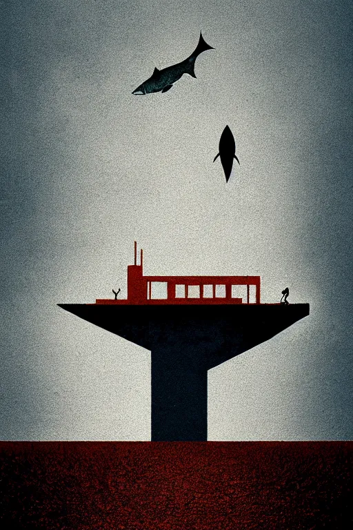 Image similar to burning overgrowth!!!!!+a lone man+fish flying in the sky, Mads Berg, Karolis Strautniekas, film noir, stippled light, dramatic lighting,editorial illustration, detailed,fine texture, matte print, art deco, brutalism, dark blue + dark orange, red, black, ((habitat 67 background))