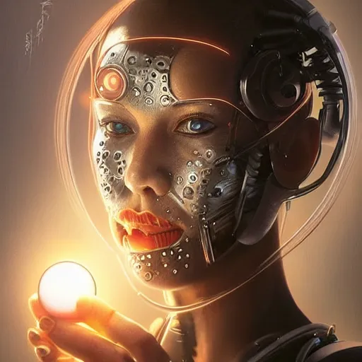 Image similar to a realistic detailed beautiful portrait of a cybernetic woman eating a glowing orb, cyberpunk concept art, digital art, highly detailed, intricate, sci-fi, sharp focus, Trending on Artstation HQ, deviantart, unreal engine 5, 4K UHD image, hyperrealistic, photorealistic, art by artgerm and greg rutkowski and alphonse mucha