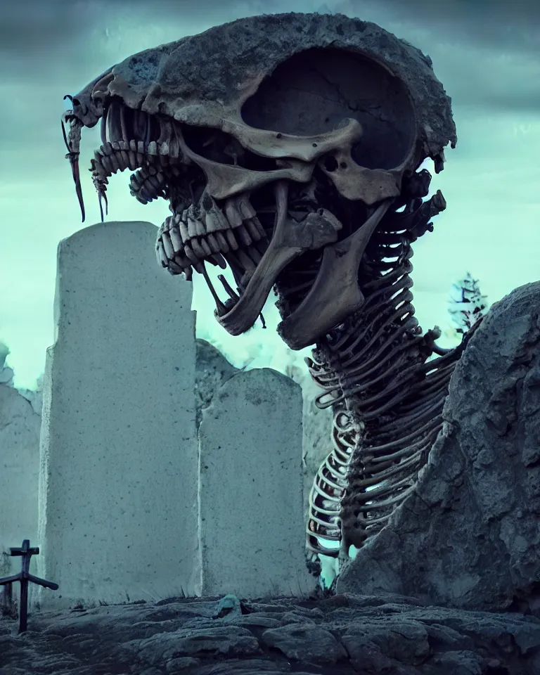 Prompt: a full - face portrait of a giant skeleton overlooking a tombstone mountain, surrealism, rendered in octane, 4 k, concept art, elden ring monster, dark souls