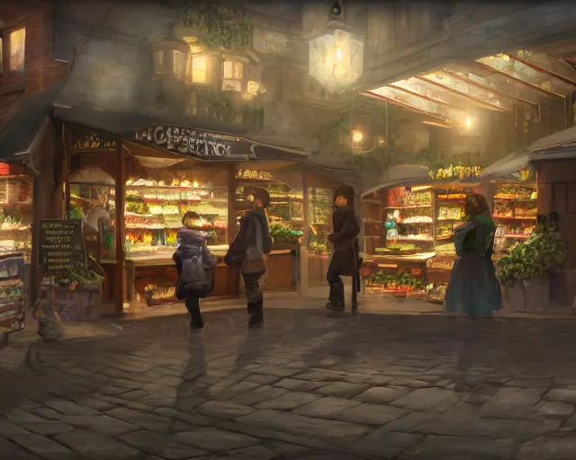 Prompt: fable concept art of bowerstone market, key lighting, soft lights, 8 k render,