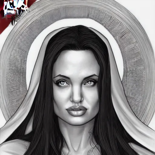 Prompt: young angelina jolie as virgin mary, marvel comics by artgerm,