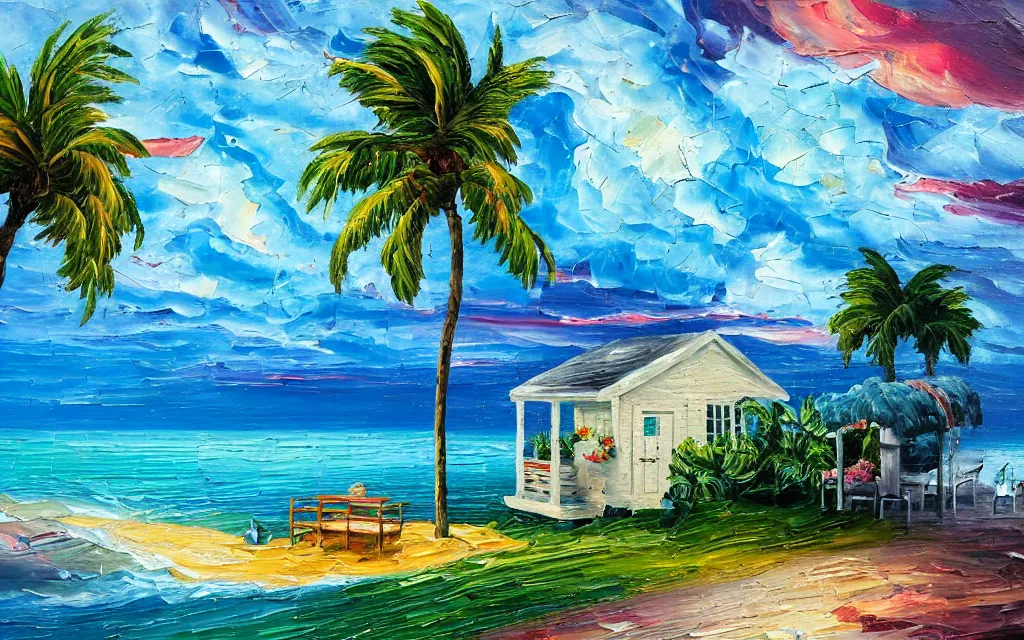 Prompt: in a sea is a tiny island with a cute cozy cottage with a terrace, a paved garden courtyard with benches and a fountain, palm trees, sunset, puffy clouds, dramatic and dynamic lighting, thick brush strokes oil impasto painting