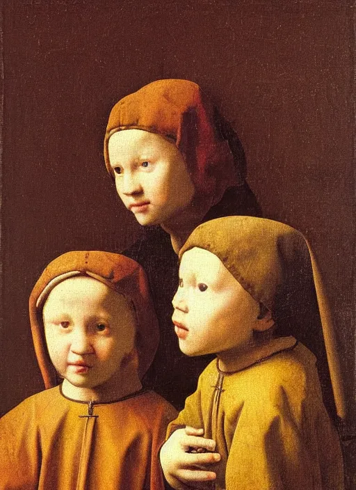 Image similar to Two little brothers look at each other, medieval painting by Jan van Eyck, Johannes Vermeer, Florence