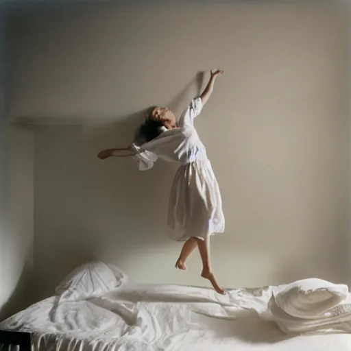 Image similar to portrait of girl in linen clothing falling from the room ceiling into a bed, natural sun lighting, 8 5 mm lens, artistic, photography by annie leibovitz