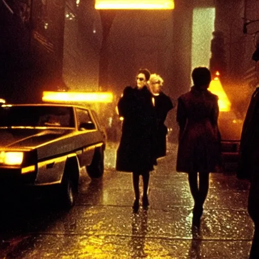 Image similar to 1 9 8 2 film stills of blade runner, with rachel with beyonce, and doja cat, having a night on the town. rainy and smoky with futuristic vehicles overhead and people carrying neon umbrellas.