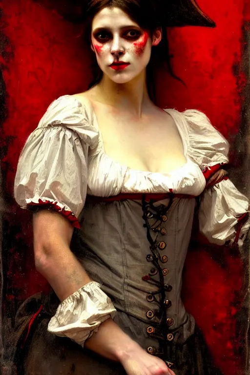 Image similar to solomon joseph solomon and richard schmid and jeremy lipking victorian genre painting full length portrait painting of a young beautiful woman traditional punk rock german french actress model pirate wench in fantasy costume, red background