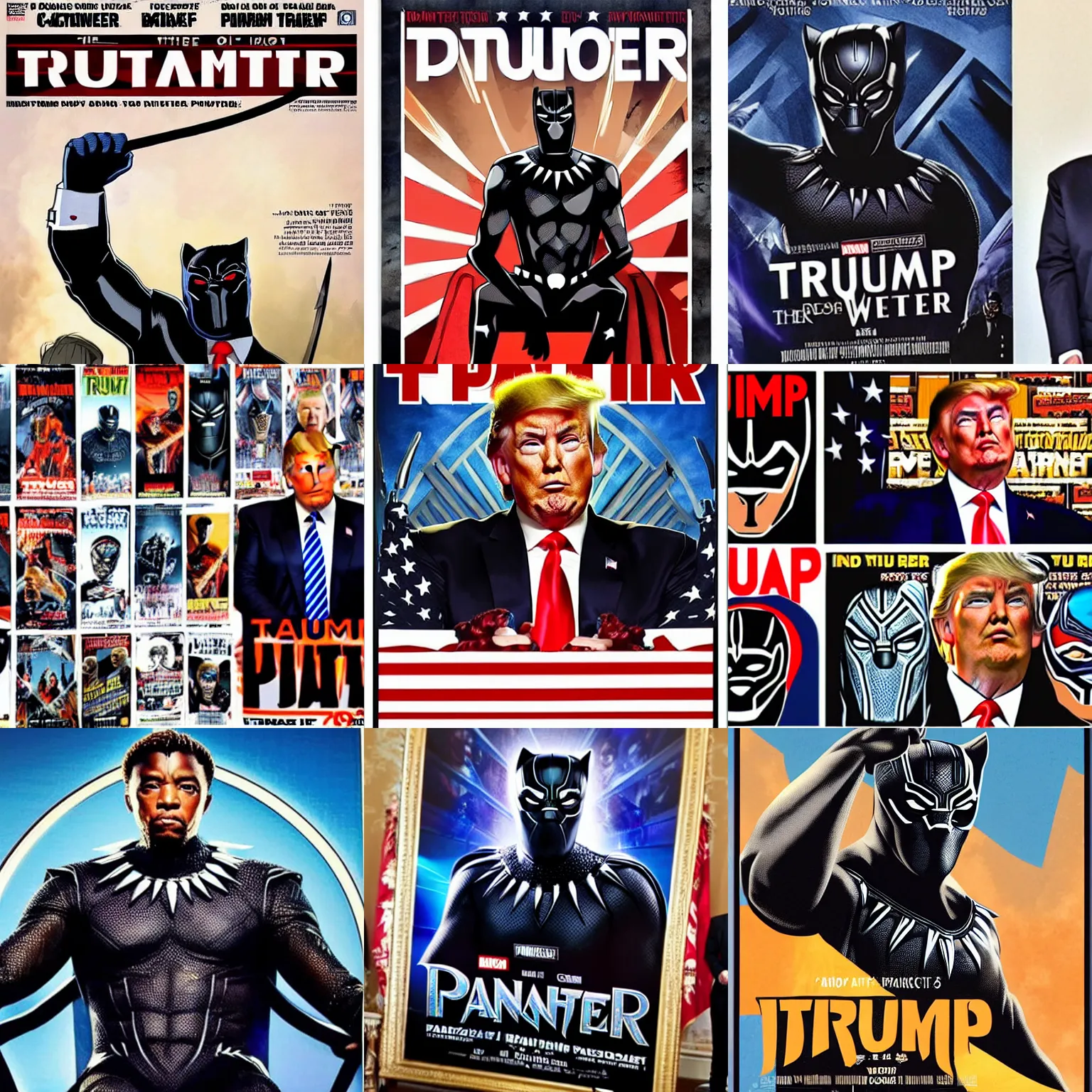 Prompt: trump dressed up as black panther, movie poster