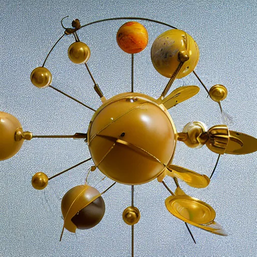 Image similar to a kinetic sculpture of this solar system, sun, orrery, canon 5 d 5 0 mm lens, papier - mache, studio, 1 9 6 3