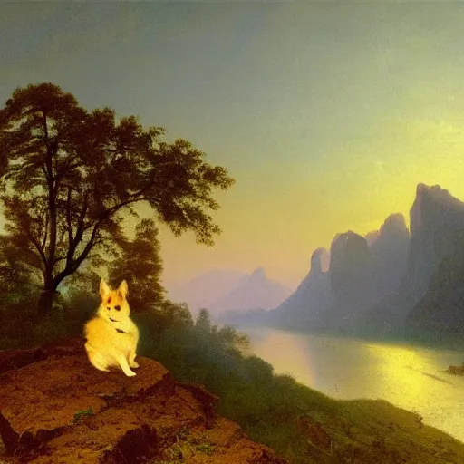 Prompt: oil painting by albert bierstadt of a corgi on a cliff overlooking a river valley at dawn.