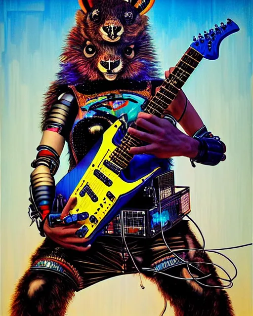 Image similar to a portrait of an anthropomorphic cyberpunk lama shredding an electric guitar by sandra chevrier, by jon foster, detailed render, tape deck, epic composition, cybernetics, 4 k realistic, cryengine, realistic shaded lighting, sharp focus, masterpiece, by enki bilal