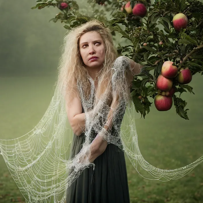 Prompt: a closeup portrait of a woman wearing dress made of spiderwebs, picking apples from a tree in an orchard, foggy, moody, photograph, by vincent desiderio, canon eos c 3 0 0, ƒ 1. 8, 3 5 mm, 8 k, medium - format print