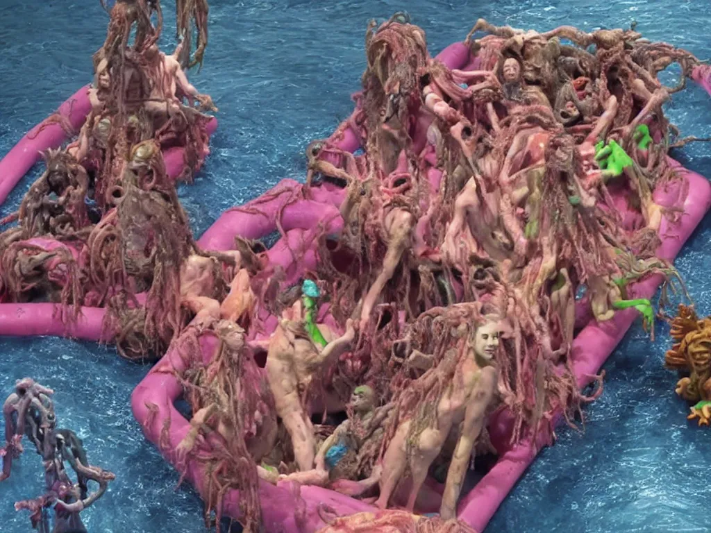 Image similar to still frame from the raft of the medusa as an animatronic schlock body horror comedy film, fun, animatronic figures, Sally Corporation, Garner Holt, play-doh, lurid, vivid colors, neon lights, rubber latex, fleshy, Cronenberg, Rick Baker, dramatic film still, daylight, photo real, wet, slimy, wide angle, rule of thirds, 28mm, 1984, Eastman EXR 50D 5245/7245