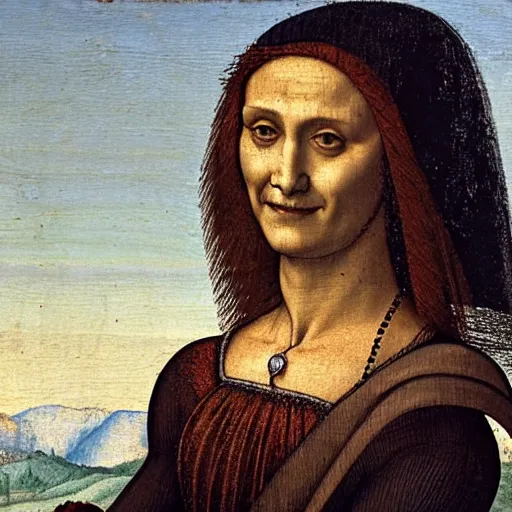 Image similar to Portrait of a smiling Italian woman with arms crossed, against a distant landscape background, 1505. Oil painting by Leonardo da Vinci.