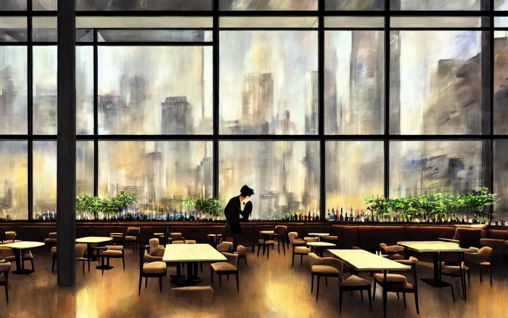 Image similar to loft lounge with tall windows, few people, city in background, bar counter with bartender and few chairs nearby, sparse plants, dim painterly lighting volumetric aquatics, impasto. drawn by feng zhu