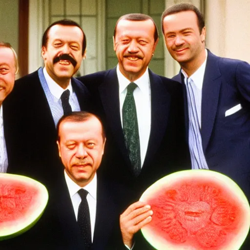Image similar to recep tayyip erdogan smiling holding watermelon for a 1 9 9 0 s sitcom tv show, studio photograph, hd, studio