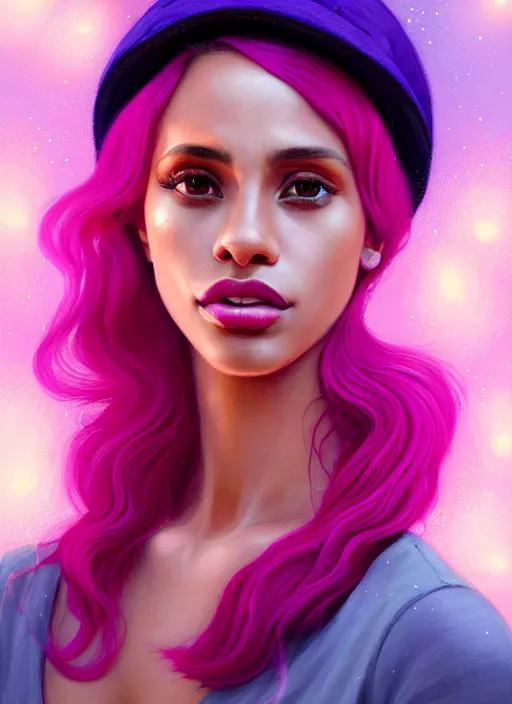 Image similar to portrait of vanessa morgan with bright pink hair, curly pixie cut hair, wearing a purple breton cap, breton cap, hoop earrings, intricate, elegant, glowing lights, highly detailed, digital painting, artstation, concept art, smooth, sharp focus, illustration, art by wlop, mars ravelo and greg rutkowski