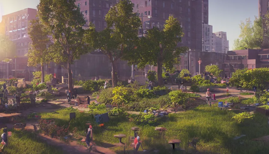 Prompt: craft garden with people working on it built in destroyed washington dc, sunny day, volumetric light, hyperdetailed, artstation, cgsociety, 8 k