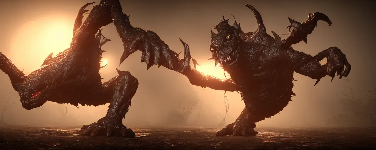 Image similar to cinematography picture with monster with bat wings, cyclope eye, big claws, several arms, hiding in the dark, 8k, unreal engine 5, hyperrealistic quality, ps5