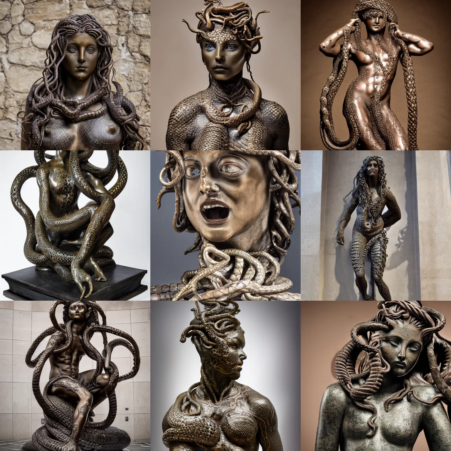 Prompt: bronze sculpture of medusa, whole body covered by intricate tattoos of snakes, professional photography, imposing
