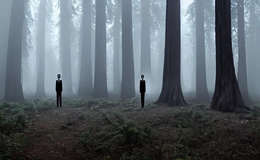 Prompt: 12 ft tall, faceless Slenderman wearing suit standing in the forest, redwood sequoia trees, ominous foggy environment, best of artstation