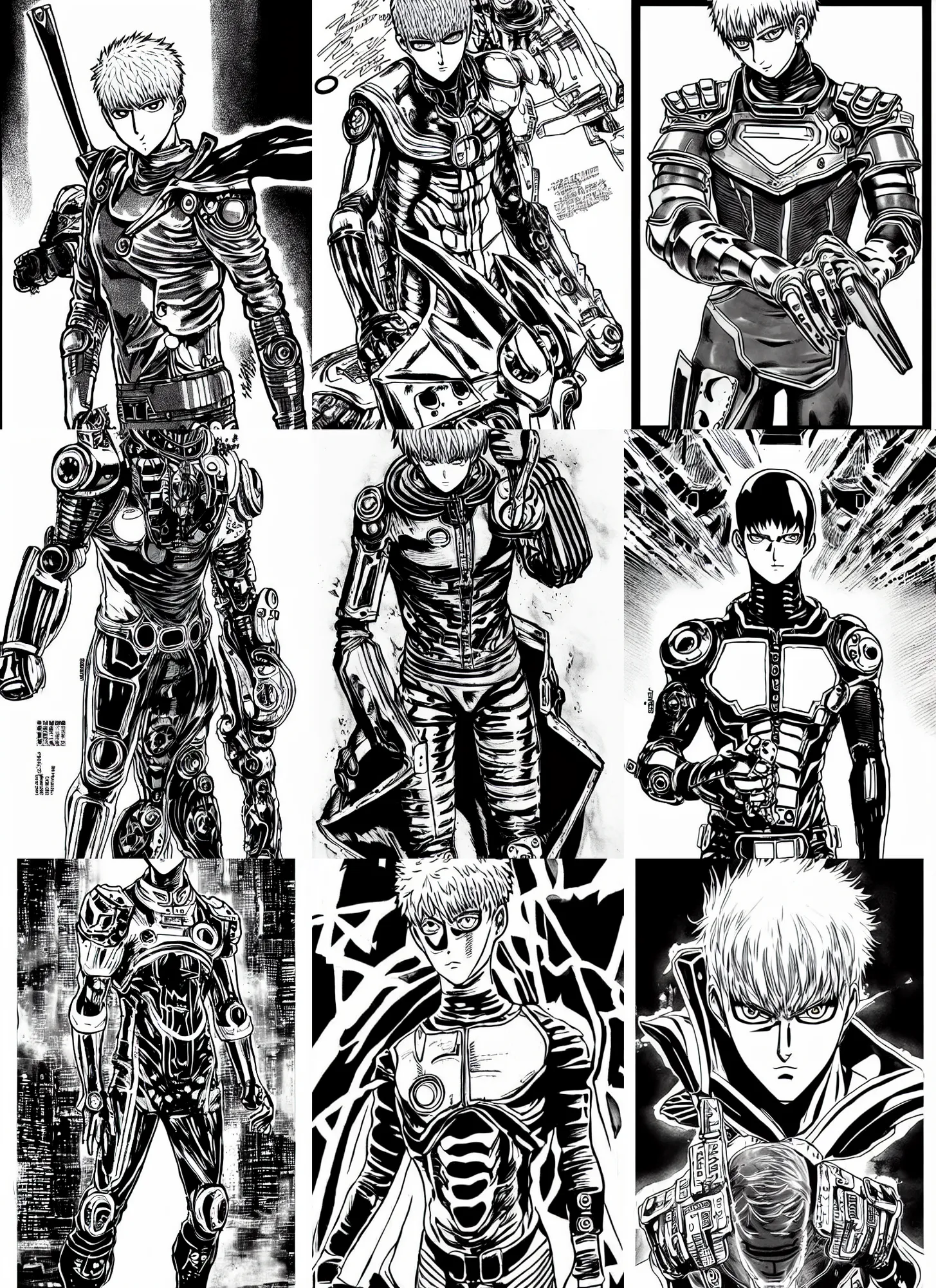 Prompt: genos from one punch man, portrait, cyberpunk 2 0 2 0 manual, by steampoweredmikej, inktober, ink drawing, black and white, coloring pages, manga, highly detailed