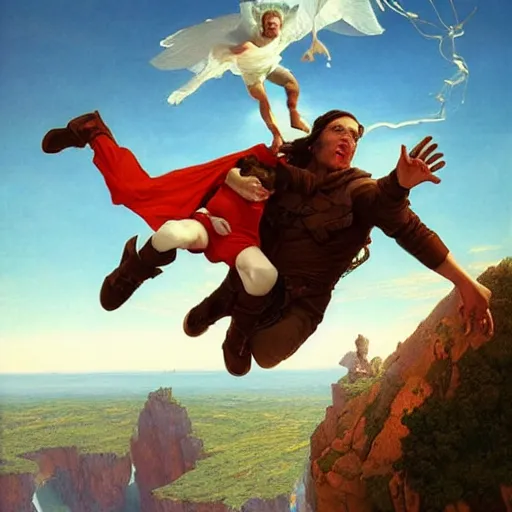 Image similar to a flying man catching a child that is falling from a cliff. photorealistic. realism. 4 k wideshot. cinematic. unreal engine. masterpiece. rule of thirds. beautiful. marc simonetti. jc leyendecker