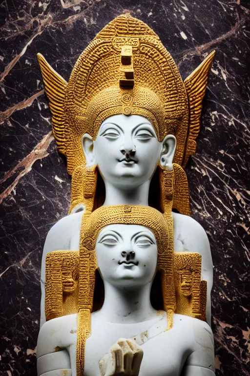 Prompt: photo of the ancient statue of extremely beautiful demon goddess from sumeria, marble and gold materials, symmetrical, cinematic, real dlsr photography, sharp focus, 4 k, ultra hd, sense of awe, archeology journal cover