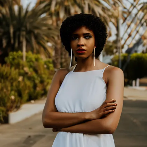 Image similar to portrait photograph of an elegant black woman wearing a sundress in Santa Monica. super resolution. 85 mm f1.8 lens.bokeh.graflex. Alessio albi