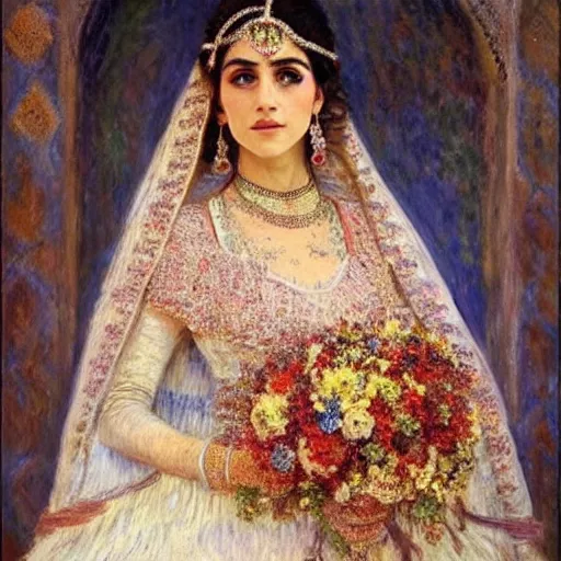 Image similar to full body portrait of a beautiful Kurdish bride wearing a beautiful wedding dress, very detailed eyes, hyperrealistic, beautiful and symmetrical face, very detailed painting by Claude Monet and Alphonse Mucha, trending on artstation, extremely high detail, incredibly intricate