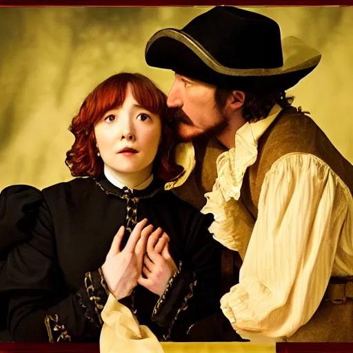 Image similar to Cyrano de Bergerac and Roxanne (Haley Bennet), are looking a teach other hand romantically. dramatic, high contrast, romantic, theatrical, lumnious, cinematic lights, oil canvas by Csók István, Munkácsi and Hollósy Simon