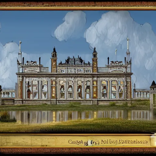 Image similar to Digital art of a large victorian palace on the edge of a lake. Realistic. Highly detailed.