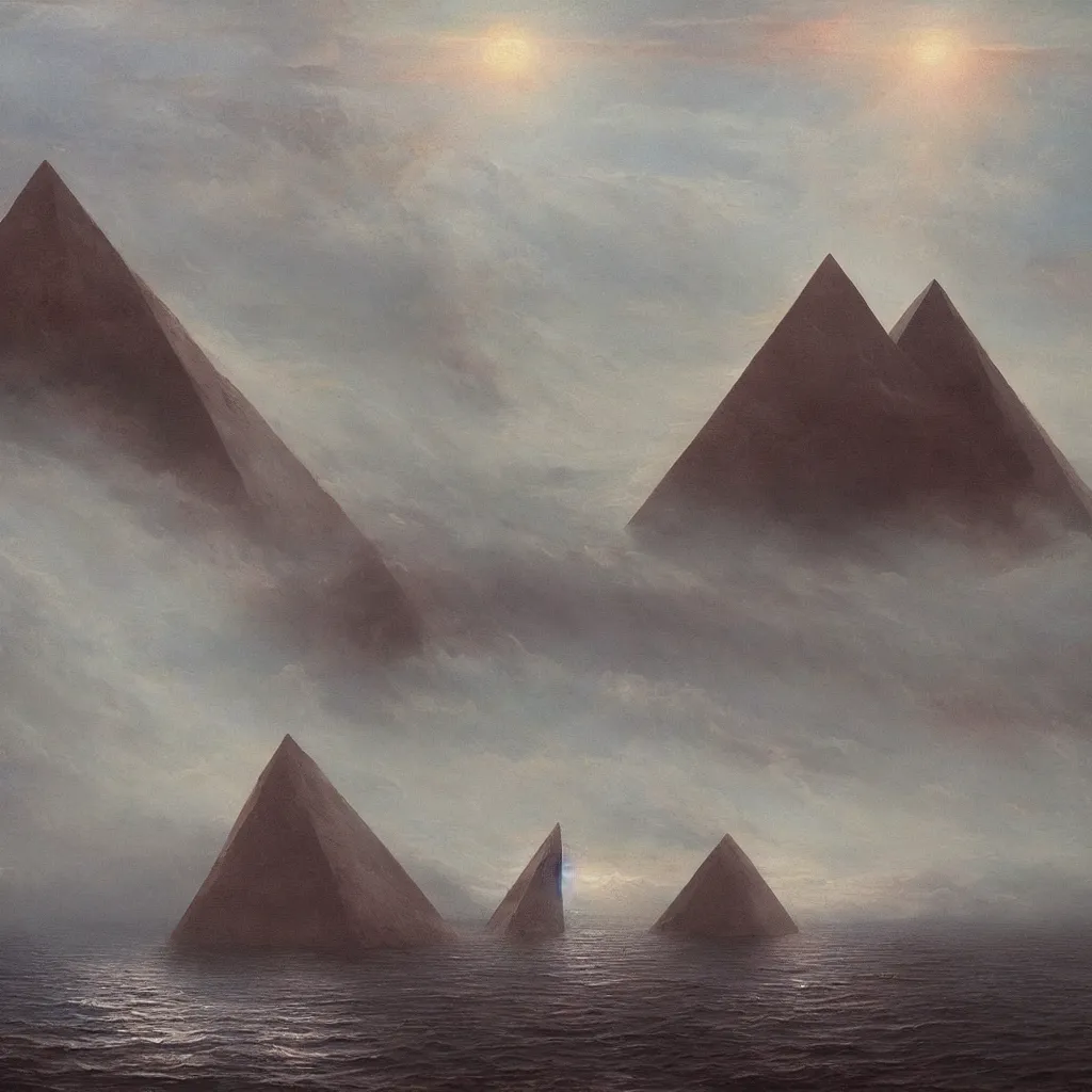 Prompt: A very beautiful painting of a (((dark Pyramid))) at Sea In style of Frederic Edwin Church and Zdzisław Beksiński.highly realistic,hyper detailed,4k,digital art,sci-fi