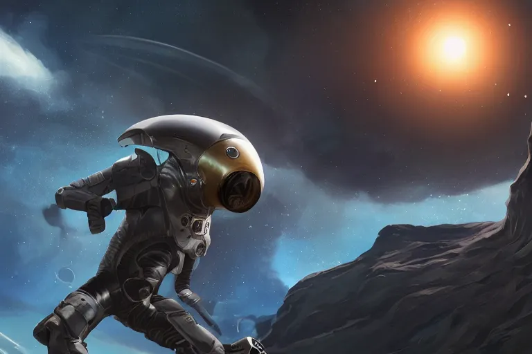 Image similar to character design, a human pilot back turned, holding a helmet, he walks towards his craft, helmet in hand, pterosaur styling on the space suit, kanji insignia and numbering, Raymond Swanland and Jessica Rossier nebula like clouds in space background near a ringed gas giant, hyper detailed hyper detailed, 8k, ultra realistic, cinematic lighting, ultra wide 35mm lens, Boeing Concept Art, Lockheed concept art