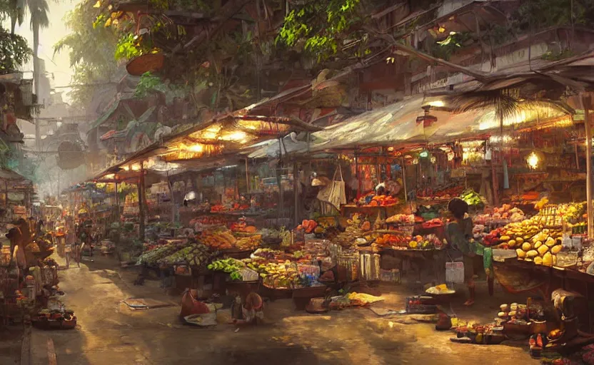 Prompt: a beautiful painting of a jungle market, Greg Rutkowski, digital art