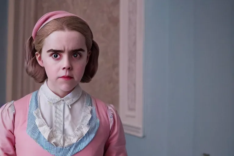 Image similar to art of Kiernan Shipka as the maid in the new movie directed by Wes Anderson, symmetrical shot, idiosyncratic, relentlessly detailed, pastel, limited colour palette, detailed face, movie still frame, promotional image, imax 70 mm footage