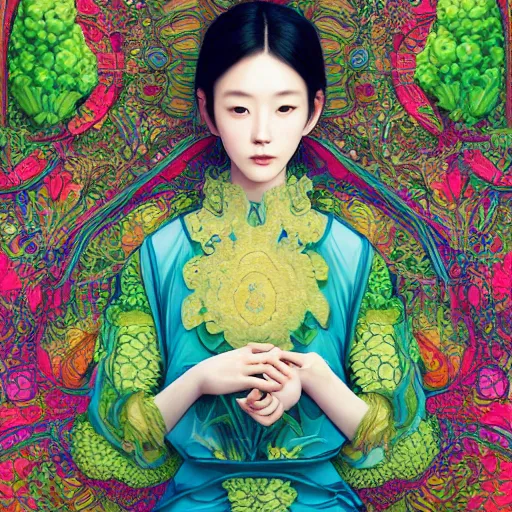 Image similar to the portrait of an unbelievably beautiful, elegant, and sophicated young yoo seung ok partially made of broccoli, an ultrafine detailed illustration by james jean, intricate linework, bright colors, final fantasy, behance contest winner, vanitas, angular, altermodern, unreal engine 5 highly rendered, global illumination, radiant light, detailed and intricate environment