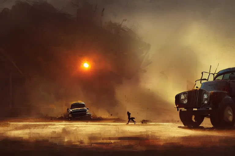 Image similar to epic concept art of an approaching truck and a man on the ground. close - up fallen man in foreground. backlight. rim light, strong contrast. by ashley wood and j. m. w. turner, speed painting, photo bash, cinematic angle, super detailing, strong perspective, traffic accident, haze over the shoulder shot