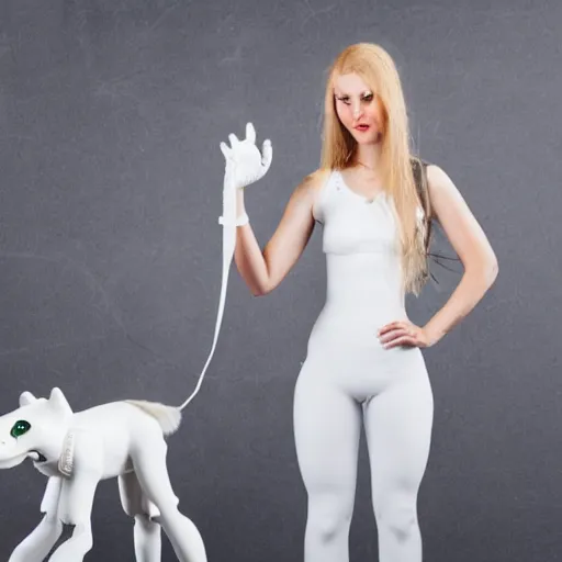 Image similar to anthropomorphic white female wolf, with a left robot arm