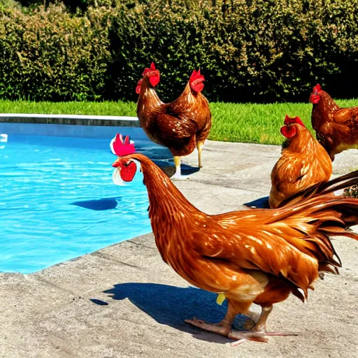 Prompt: the chickens are sunbathing by the pool, photograph