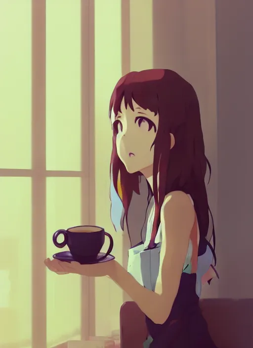 Prompt: girl with a cup of coffee in the office, illustration concept art anime key visual trending pixiv fanbox by wlop and greg rutkowski and makoto shinkai and studio ghibli