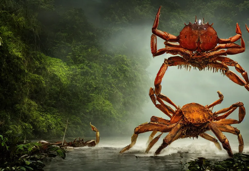 Prompt: an enormous giant crab king emerging from the waters, in a jungle with ominous light from above, ambient light, fog, river, very poetic