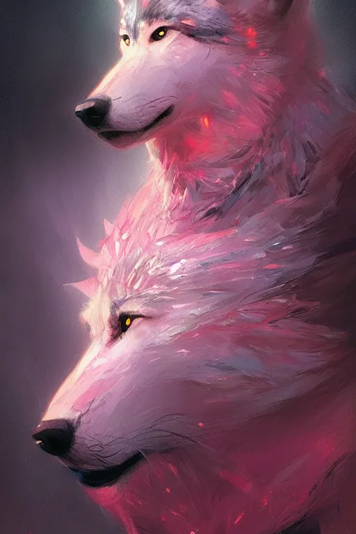 Image similar to painted portrait of realistic wolf wearing pink shirt, mature, handsome, blue eyes, intricate, digital painting, artstation, concept art, smooth, sharp focus, illustration, art by gaston bussiere and greg rutkowski