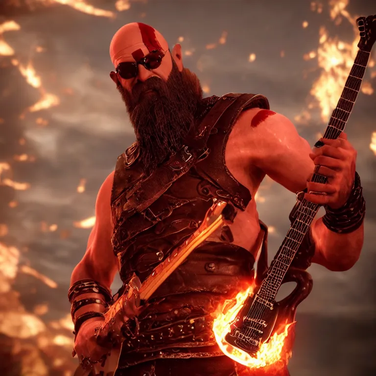 Prompt: sunglasses wearing kratos rocking out on a flaming stratocaster guitar, cinematic render, god of war 2 0 1 8, playstation studios official media, lightning, flames, red stripe, red stripe, clear, coherent, guitar, guitar, guitar, guitar