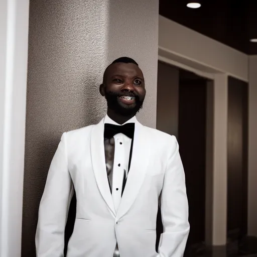 Image similar to closeup of a well groomed African man wearing a white tuxedo, standing in a hotel lobby; bokeh cinematic portrait, realistic photo, 32mm lens